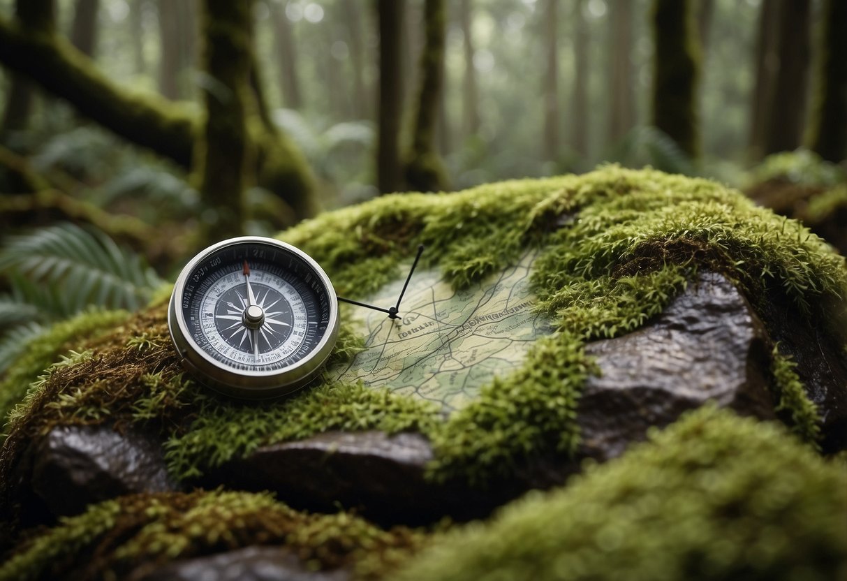 A map and compass lay on a moss-covered rock in a dense New Zealand forest, surrounded by towering trees and ferns