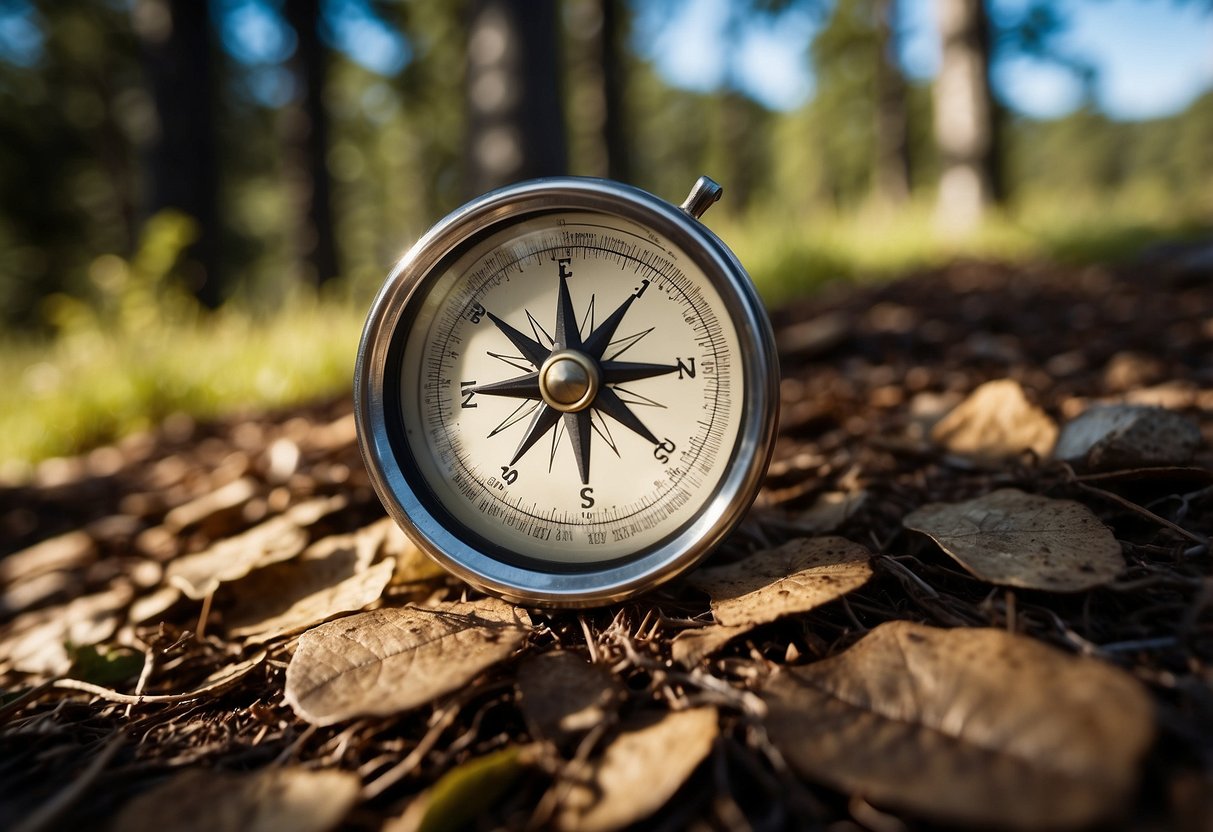 A compass and map lie on the forest floor, surrounded by dense trees and a clear blue sky. A small stream runs nearby, and distant mountains loom in the background