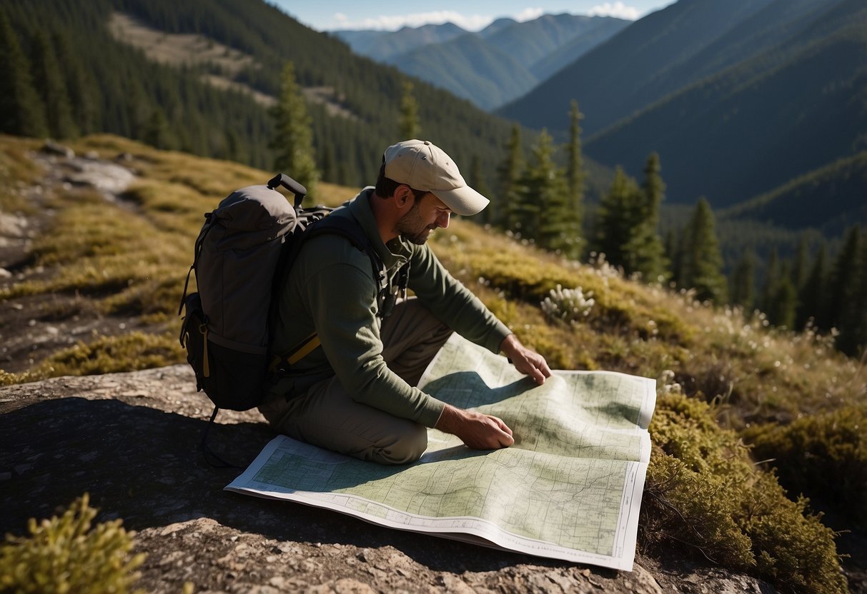 A person holds detailed topographic maps, compass, and backpack in a remote wilderness setting. Trees, hills, and rugged terrain surround them