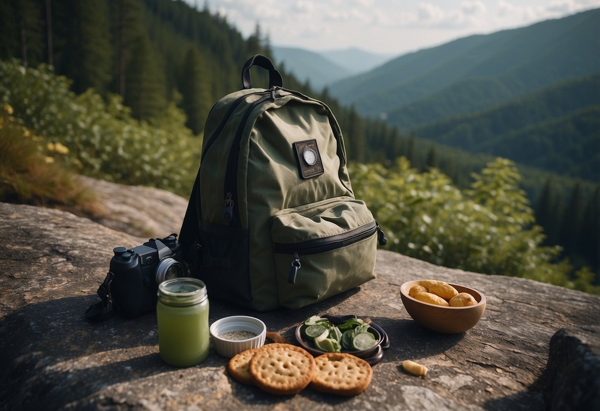 A backpack with food and water, a map, compass, and sturdy shoes laid out on a rocky terrain with dense forest in the background