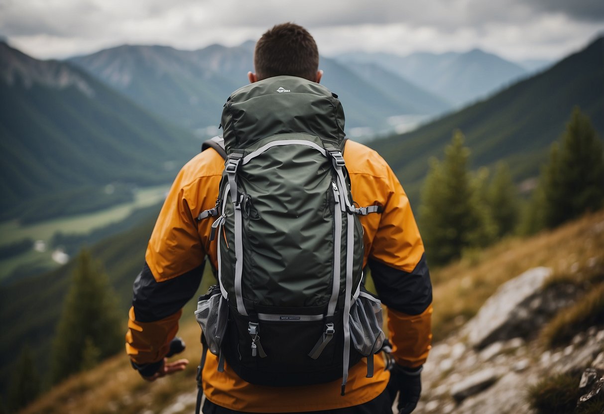 A figure in breathable, waterproof gear navigates rugged terrain. Trees and mountains loom in the distance, as the adventurer prepares for orienteering in remote areas