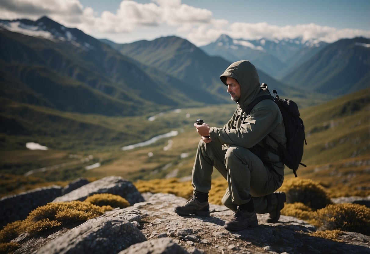 A figure in a remote wilderness, signaling for help using emergency techniques. Surrounding terrain shows signs of rugged, untamed nature