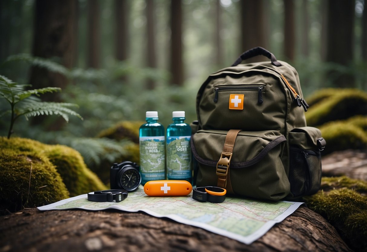 A first aid kit sits atop a map and compass. Nearby, a backpack and water bottle, surrounded by dense forest and rugged terrain