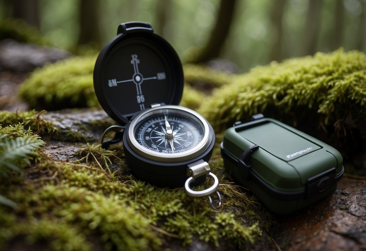 A compass, map, and GPS device lay on a moss-covered rock in a dense forest. A backpack with water bottles and energy bars sits nearby