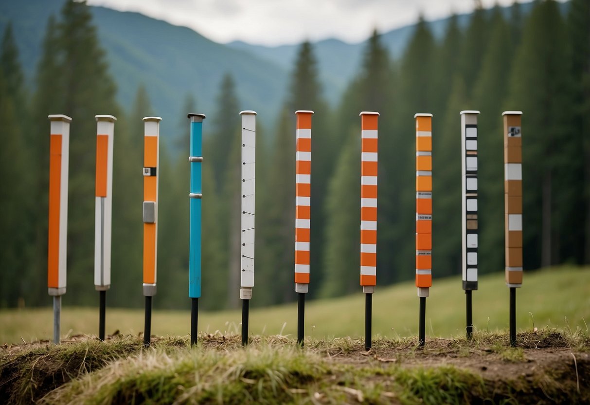 A group of orienteering poles arranged in a line, varying in height and color, with a backdrop of a forest or mountainous landscape