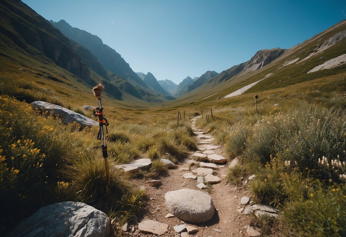 A mountain trail with Gossamer Gear LT5 poles propped against a rock, surrounded by lush greenery and a clear blue sky