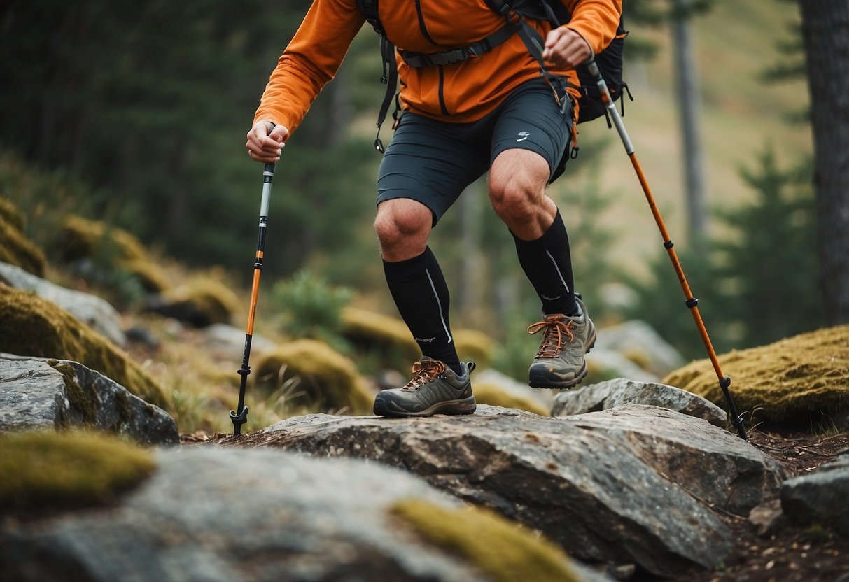 A hiker effortlessly navigates through rugged terrain using lightweight orienteering poles, enjoying improved stability and reduced strain on their joints