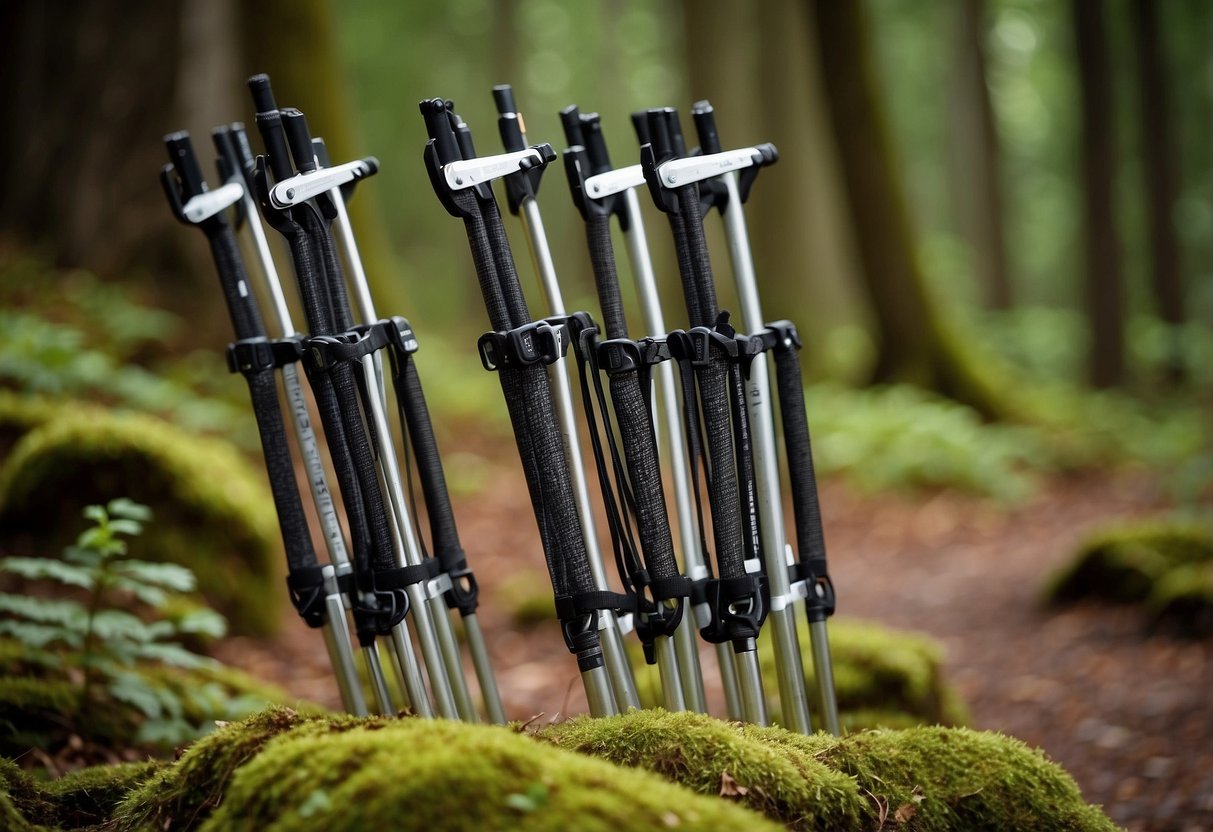 The scene shows five lightweight orienteering poles with ergonomic grips and adjustable straps, made of durable carbon fiber and aluminum materials