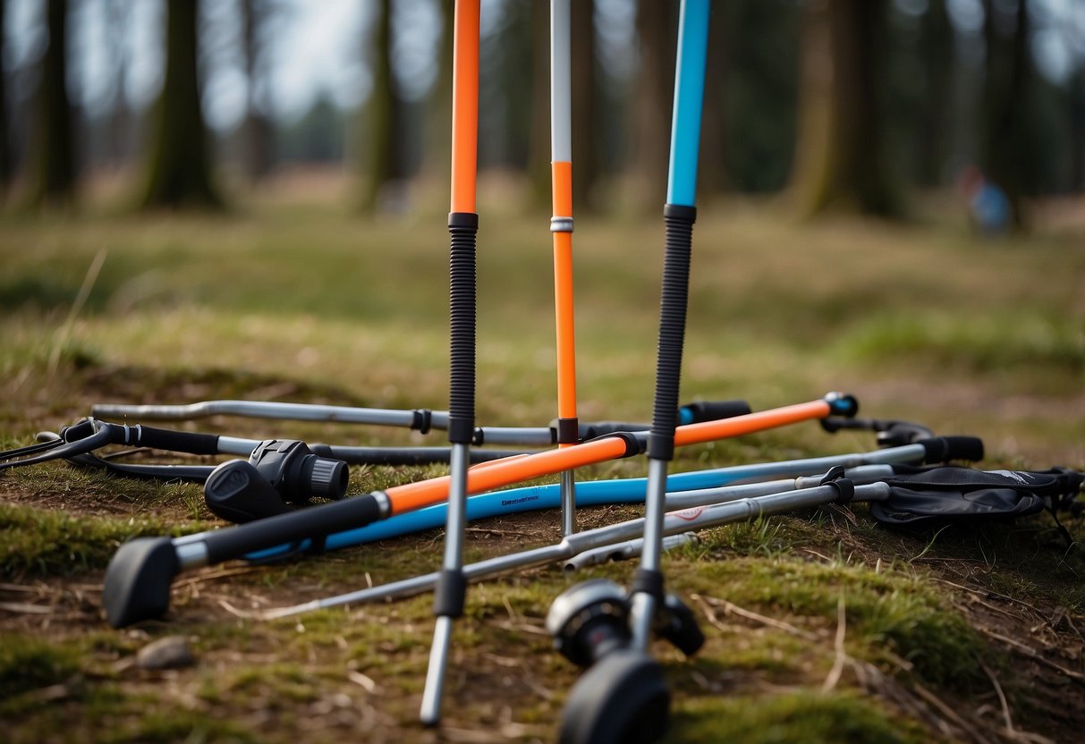 A set of lightweight orienteering poles arranged neatly on a clean, well-maintained surface with accompanying care and maintenance tools nearby