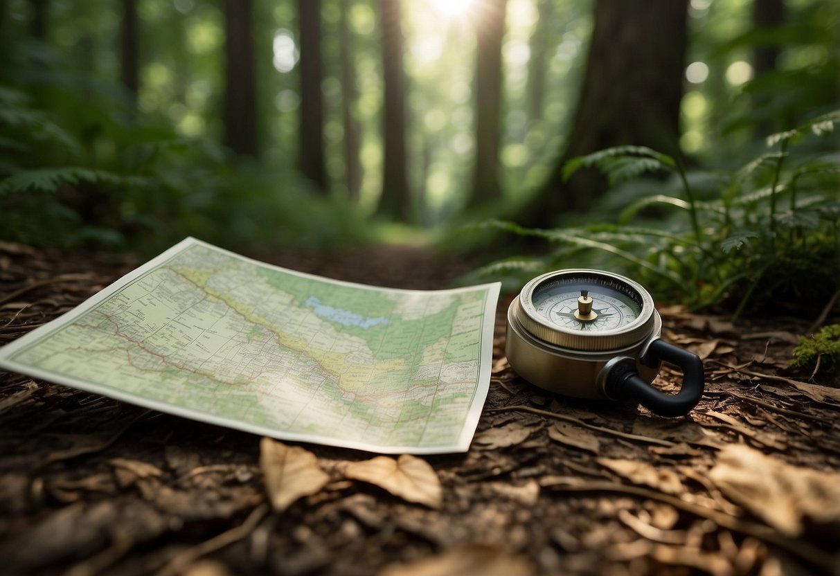 A forest trail winds through lush greenery, with a map and compass in the foreground. Sunlight filters through the dense canopy, illuminating the path ahead. Birdsong fills the air as the trail disappears into the wilderness