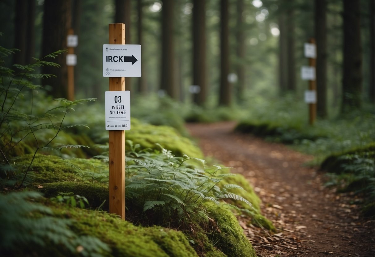 A forest trail with orienteering markers and a sign promoting leave-no-trace principles. Trees, bushes, and a clear path are visible