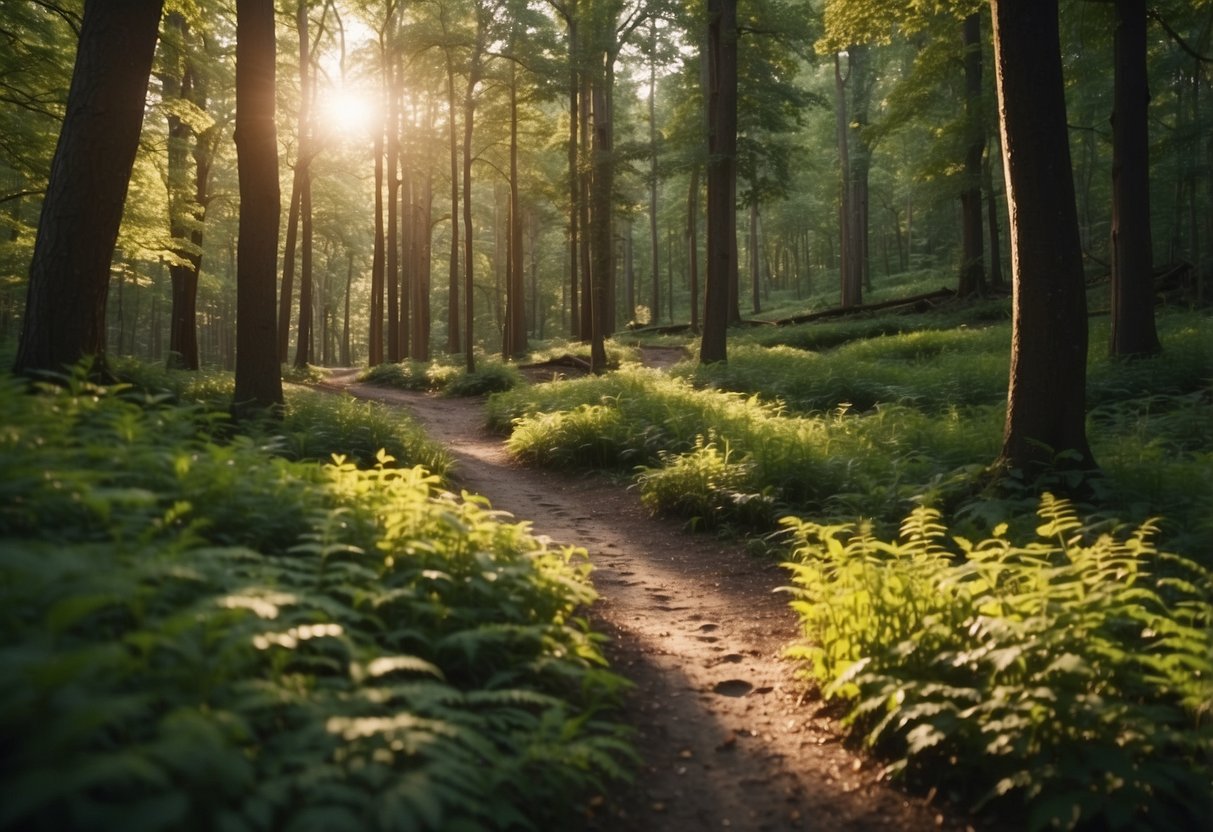 A serene forest clearing with a winding path, dappled sunlight, and a small stream. Surrounding trees and wildlife create a peaceful atmosphere for meditation and orienteering