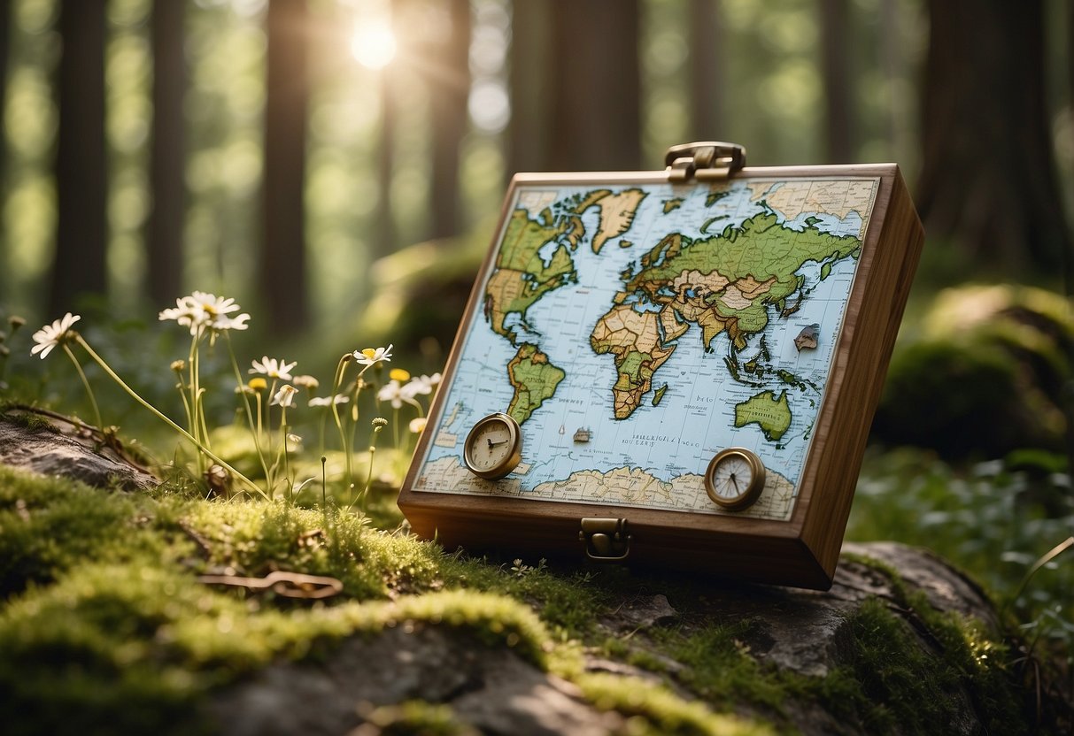 A forest trail winds through tall trees and dappled sunlight, with a map and compass laid out on a mossy rock, surrounded by wildflowers and chirping birds