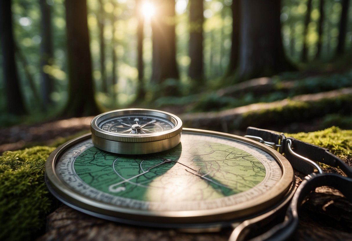 A winding trail leads through lush forest, with sunlight filtering through the canopy. A map and compass are in the foreground, showing the way to explore and connect with nature while orienteering in national parks