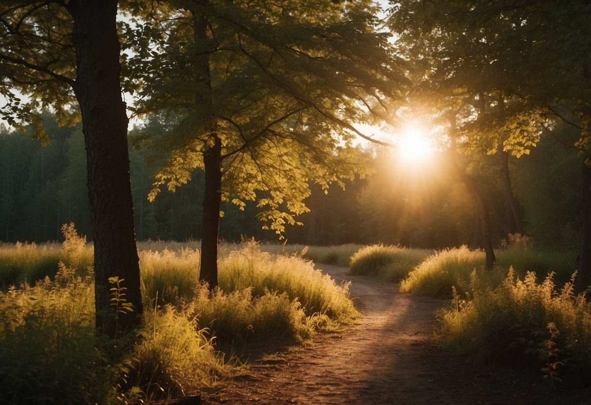 The sun rises over a tranquil forest, casting a warm glow on the trees and illuminating the path ahead. Birds chirp and a gentle breeze rustles the leaves, creating a peaceful and serene atmosphere