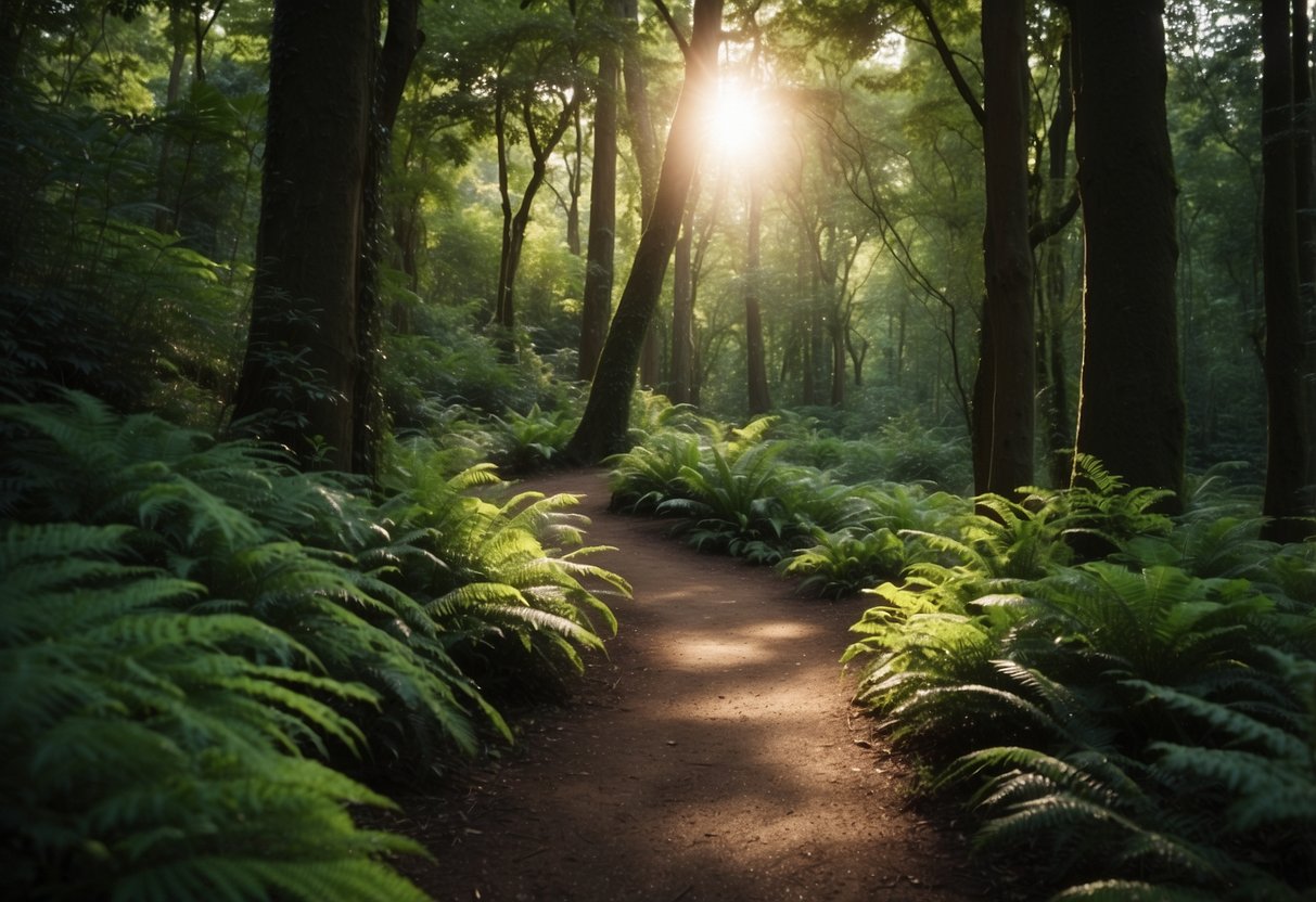 A lush forest with sunlight filtering through the canopy, a winding trail leading through the trees, and various plants and wildlife visible along the path