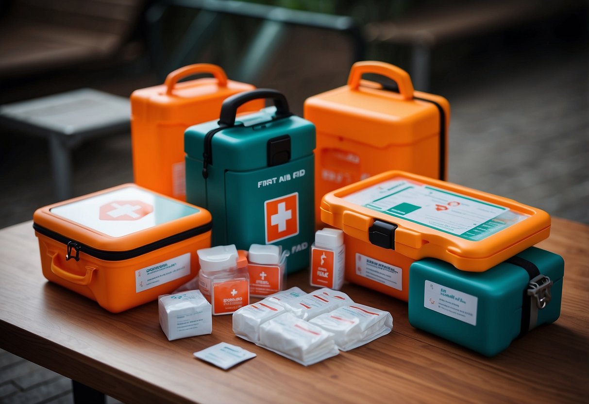 A table with 5 compact first aid kits, each labeled "Orienteering." Bright colors and clear packaging