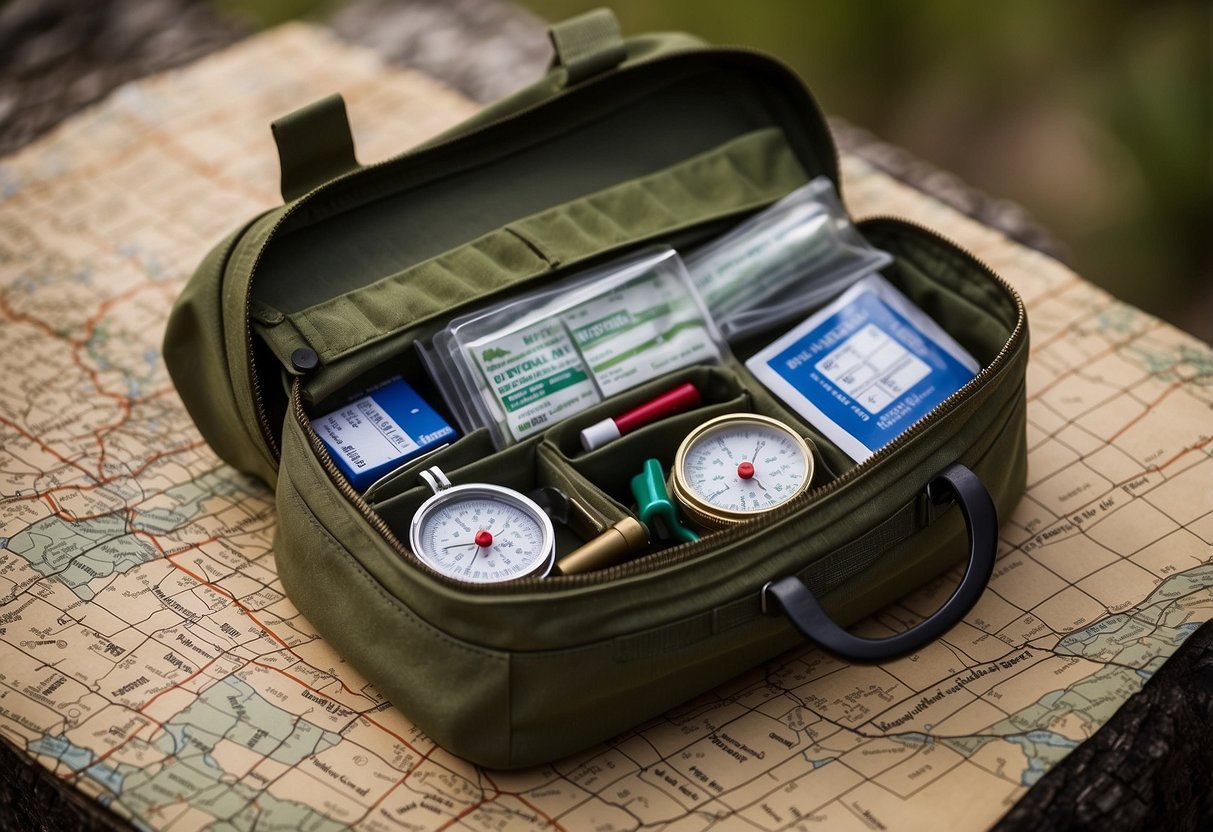 A compact first aid kit sits atop a map and compass, ready for outdoor use. The kit is labeled "DeftGet First Aid Kit" and is surrounded by essential items for orienteering