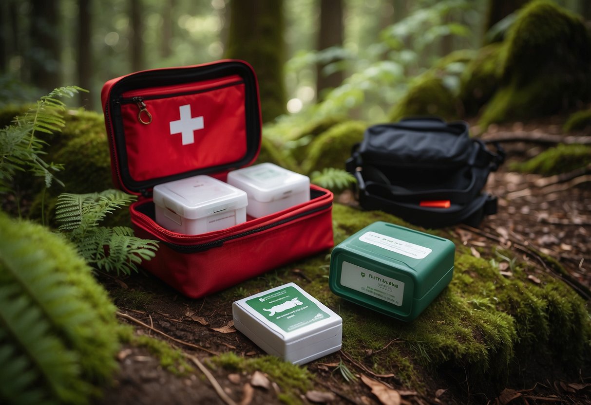 A compact first aid kit sits on a forest floor, surrounded by orienteering equipment. The kit's bright red case stands out against the greenery, with a clear label reading "Swiss Safe 2-in-1 First Aid Kit."