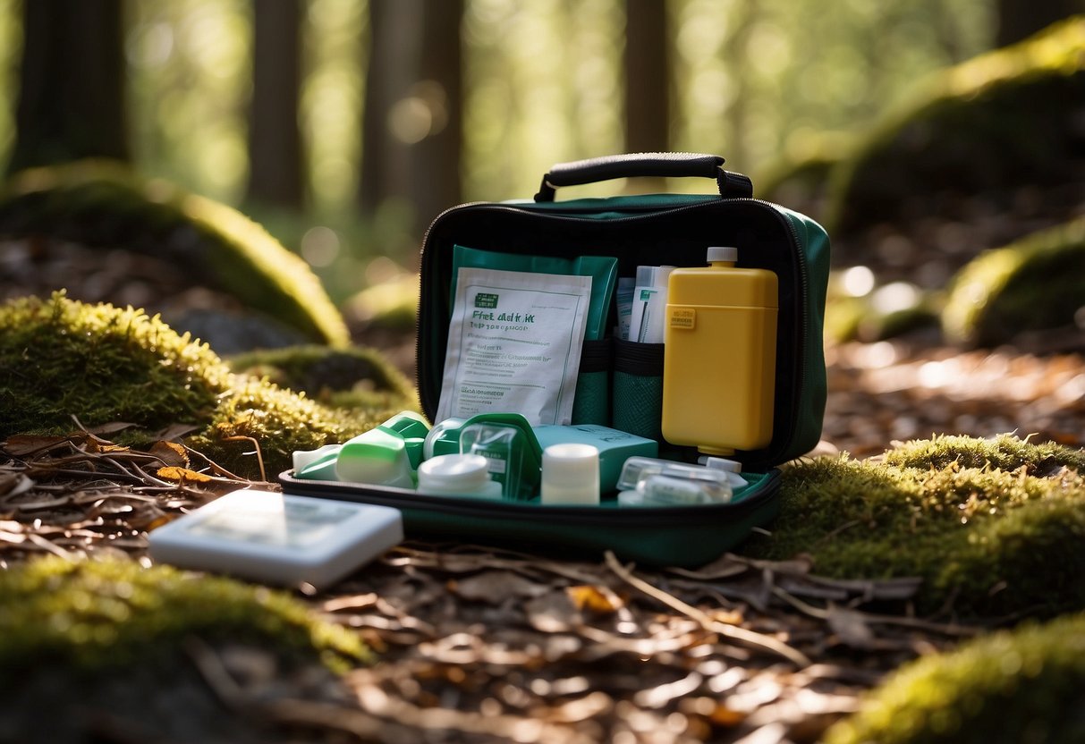A compact first aid kit lies open on a forest floor, surrounded by orienteering gear. The sun filters through the trees, casting dappled light on the scene