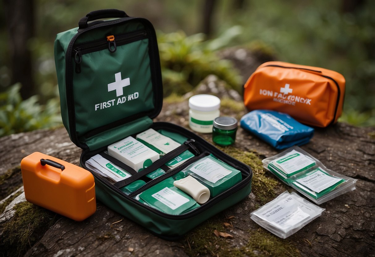 A compact first aid kit open on the ground, surrounded by orienteering gear. The kit is lightweight and contains essential medical supplies