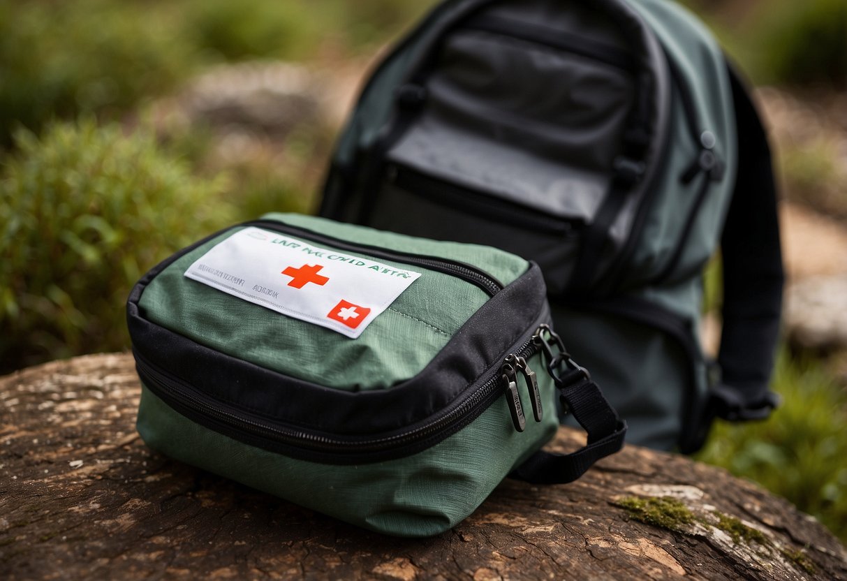 A lightweight first aid kit sits on a backpack, ready for use during orienteering. It contains essential supplies for emergencies in the wilderness