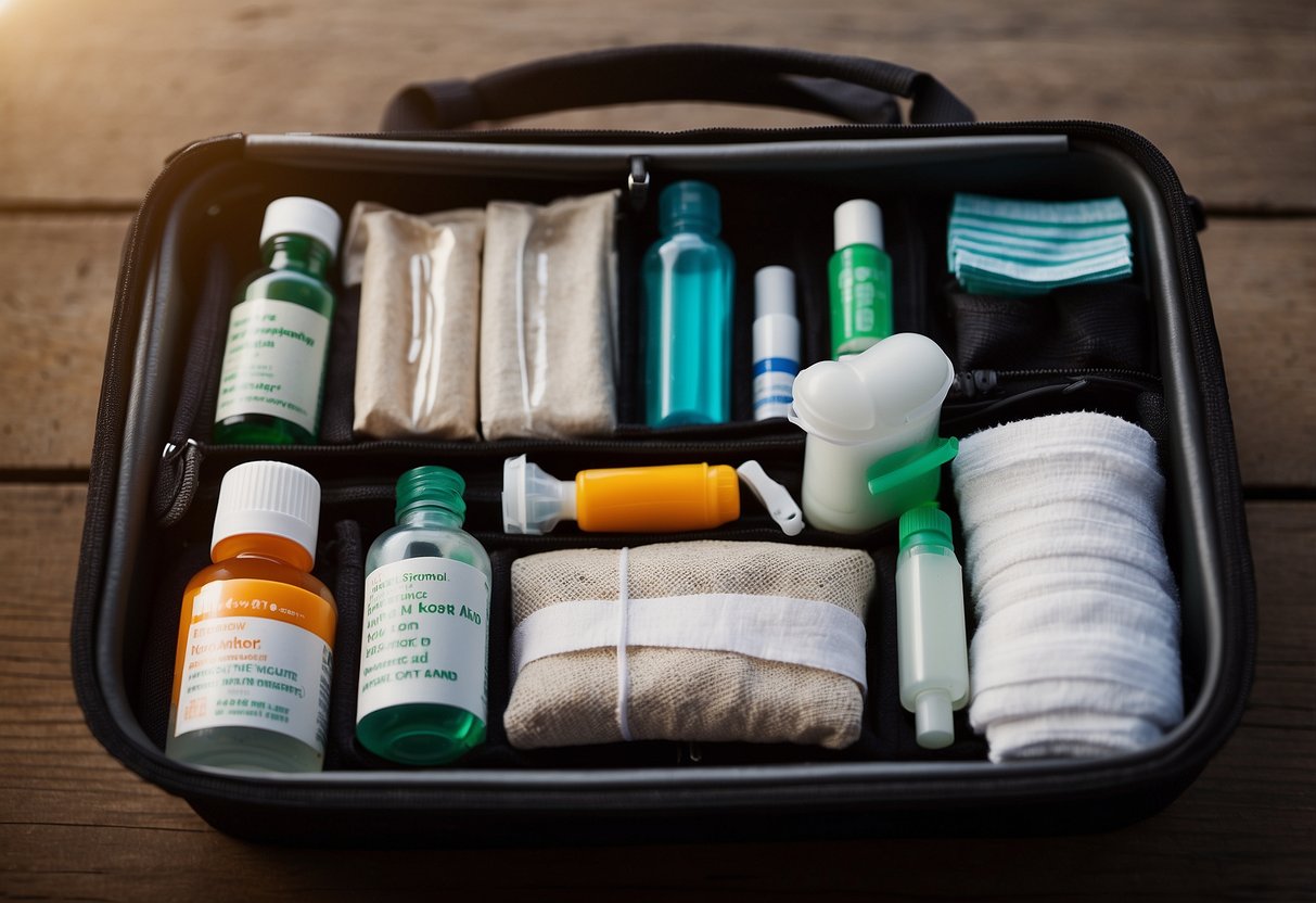 A compact first aid kit with essential supplies, including bandages, antiseptic wipes, and scissors, nestled in a lightweight, durable case