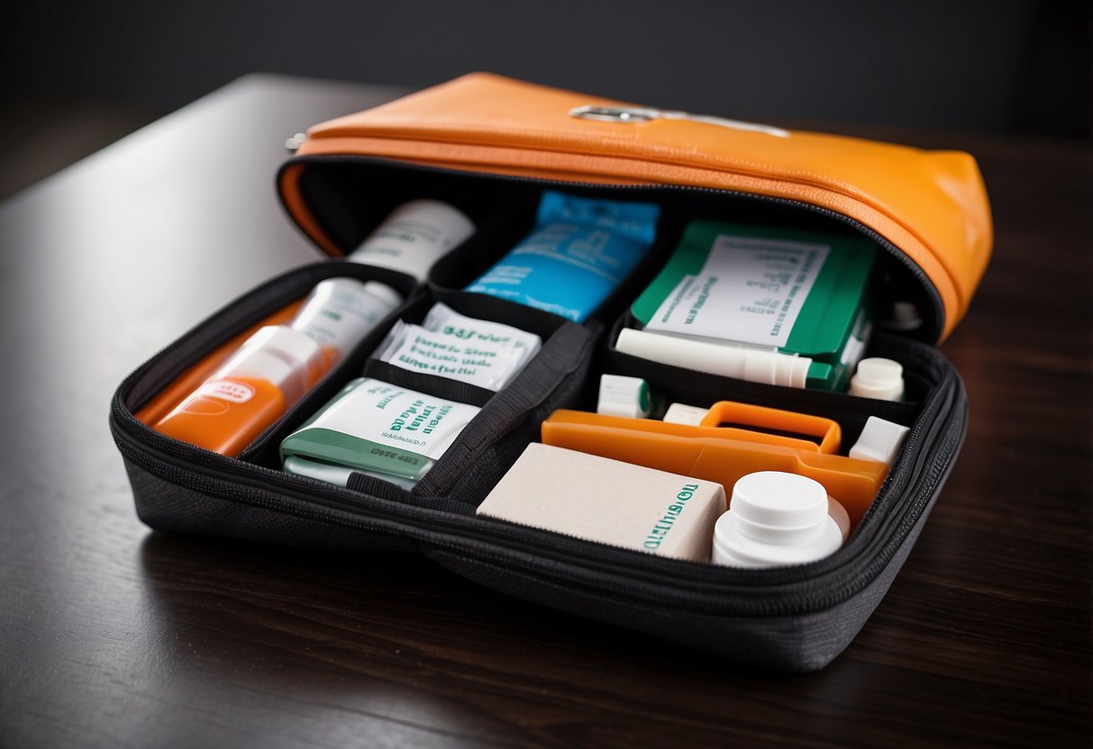 A compact first aid kit open on a clean surface, with neatly organized supplies and labeled compartments for easy access