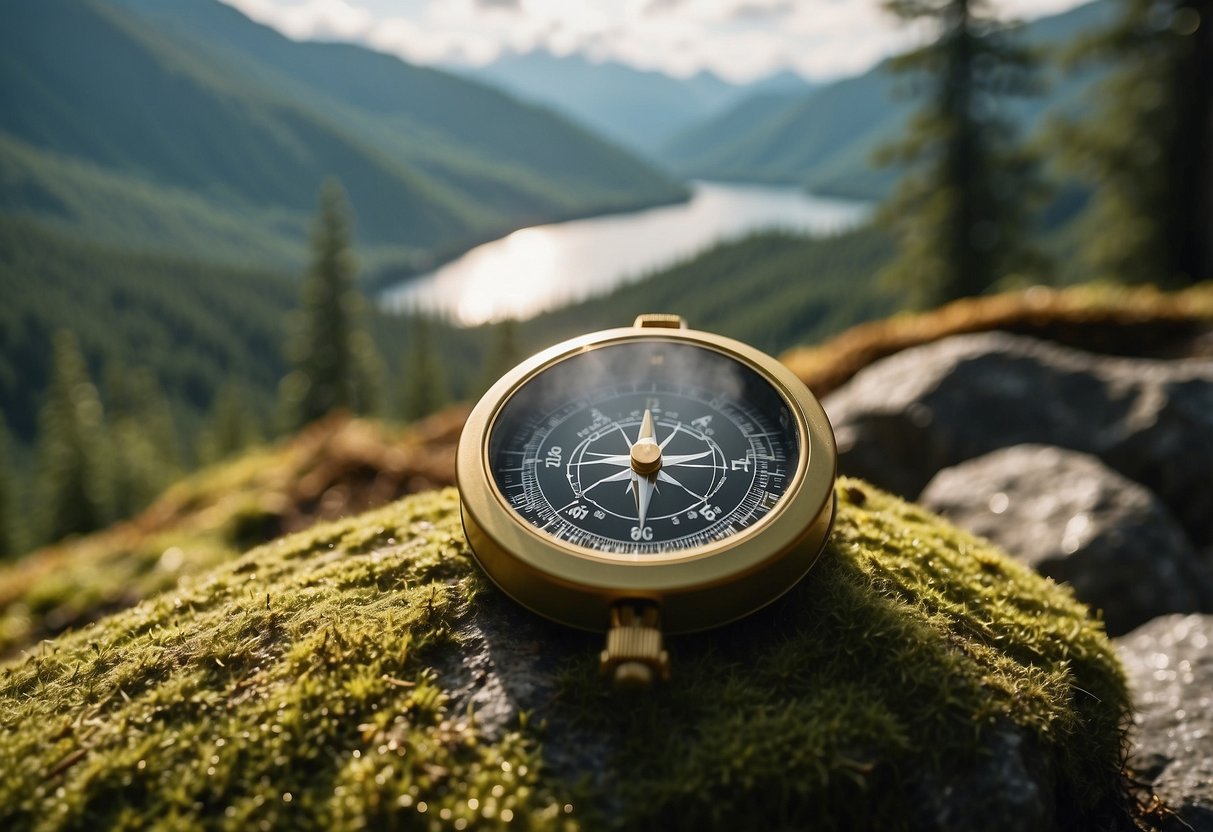 A lush forest with winding trails, a shimmering lake, and towering mountains in the distance. A map and compass lay on a mossy rock, with sunlight filtering through the trees