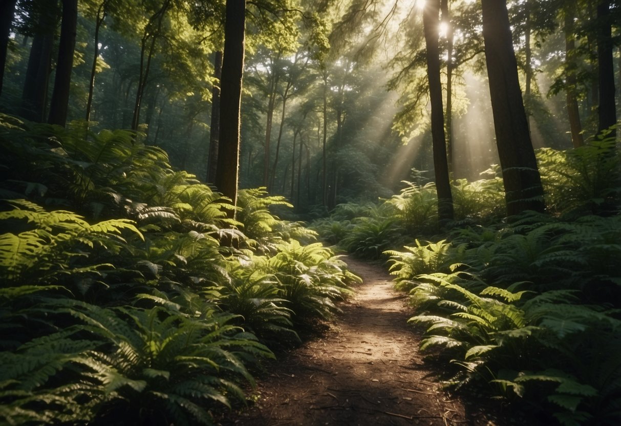 A serene forest with winding trails, lush vegetation, and a glistening river. Sunlight filters through the canopy, casting dappled shadows on the forest floor