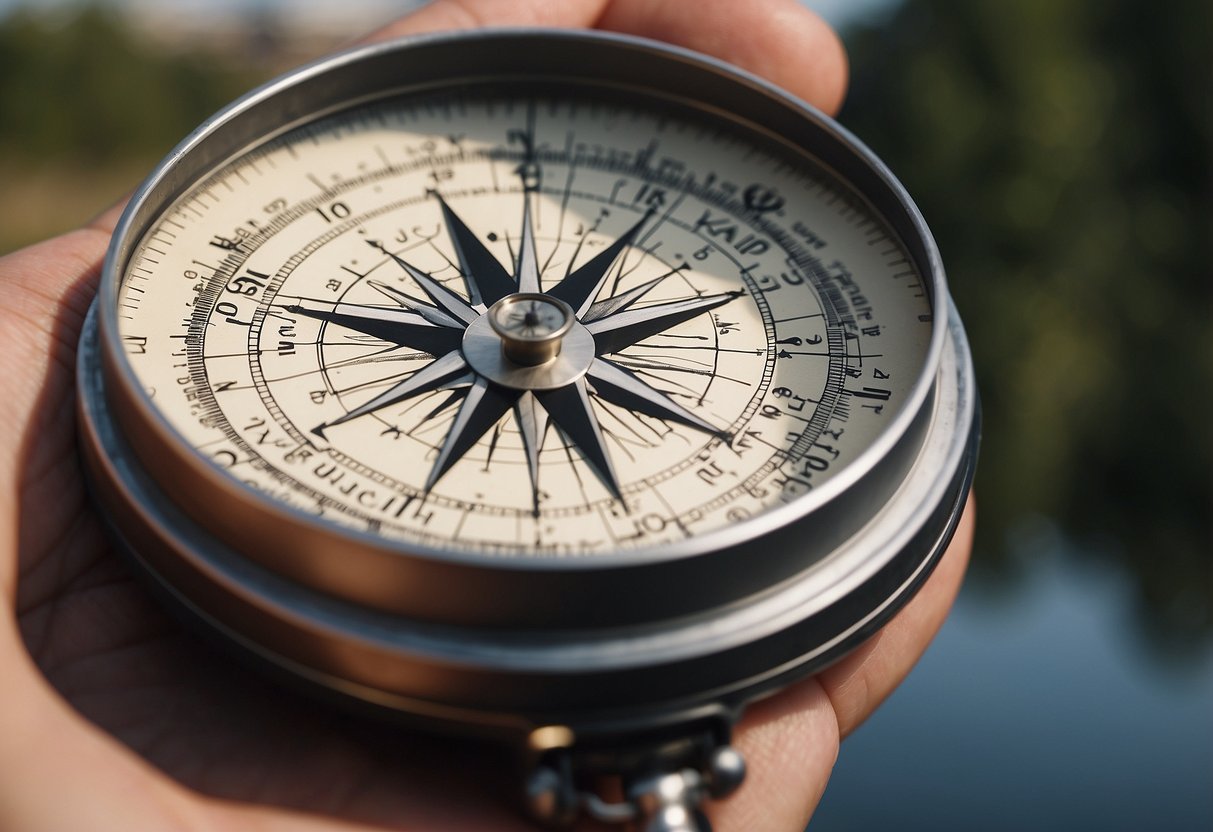 A compass pointing north with a map showing symbols for landmarks, water, and trails. A person orienteering with the map and compass in hand