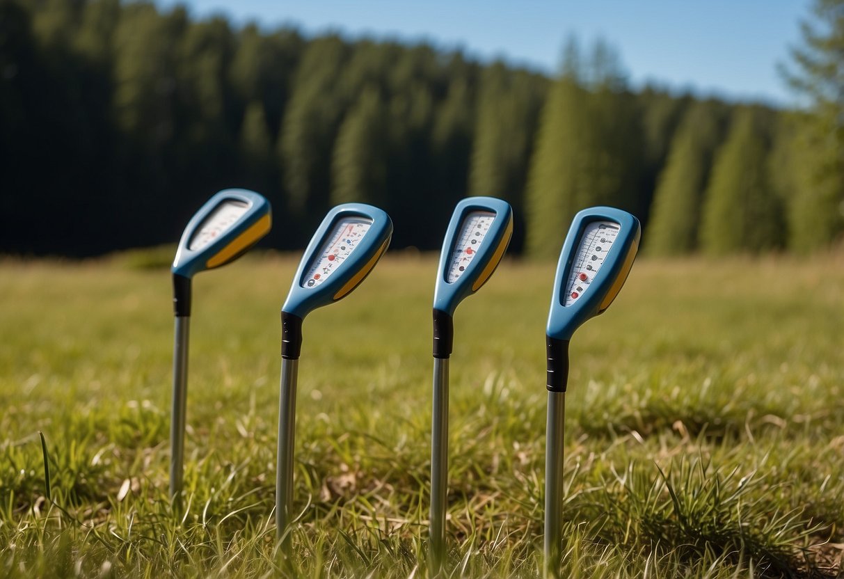 Five orienteering rods arranged in a row on a grassy field, with a forest in the background and a clear blue sky above