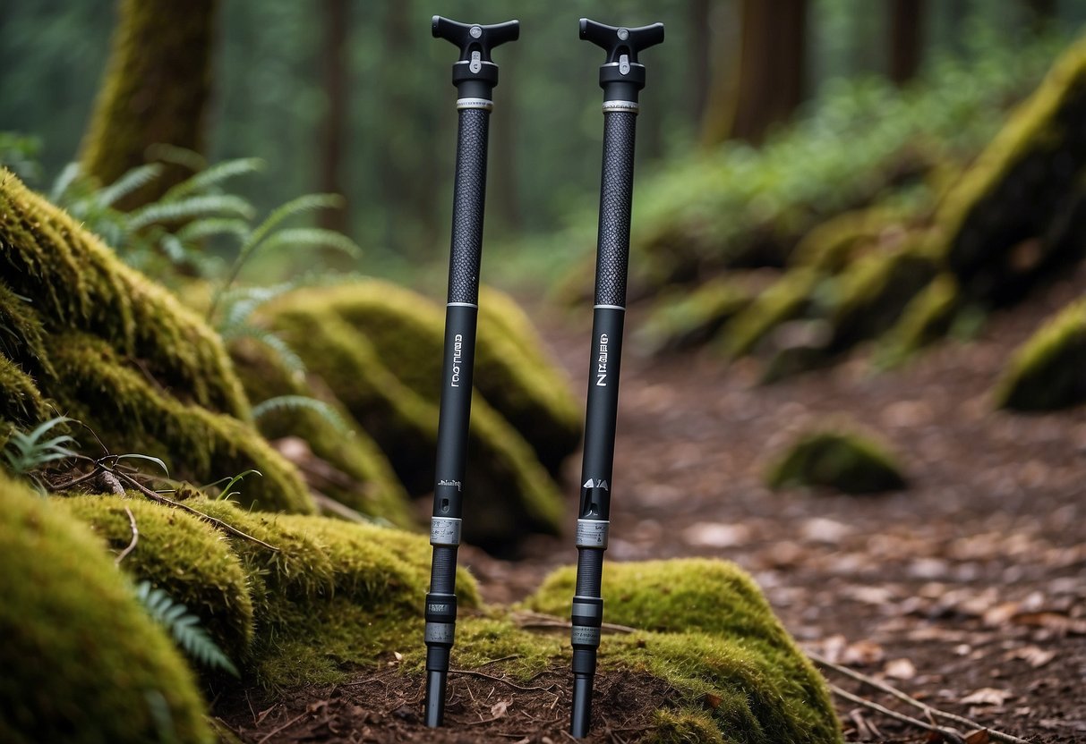 A pair of Black Diamond Distance Z 5 lightweight orienteering rods stand upright on a rugged trail, surrounded by dense forest and distant mountain peaks