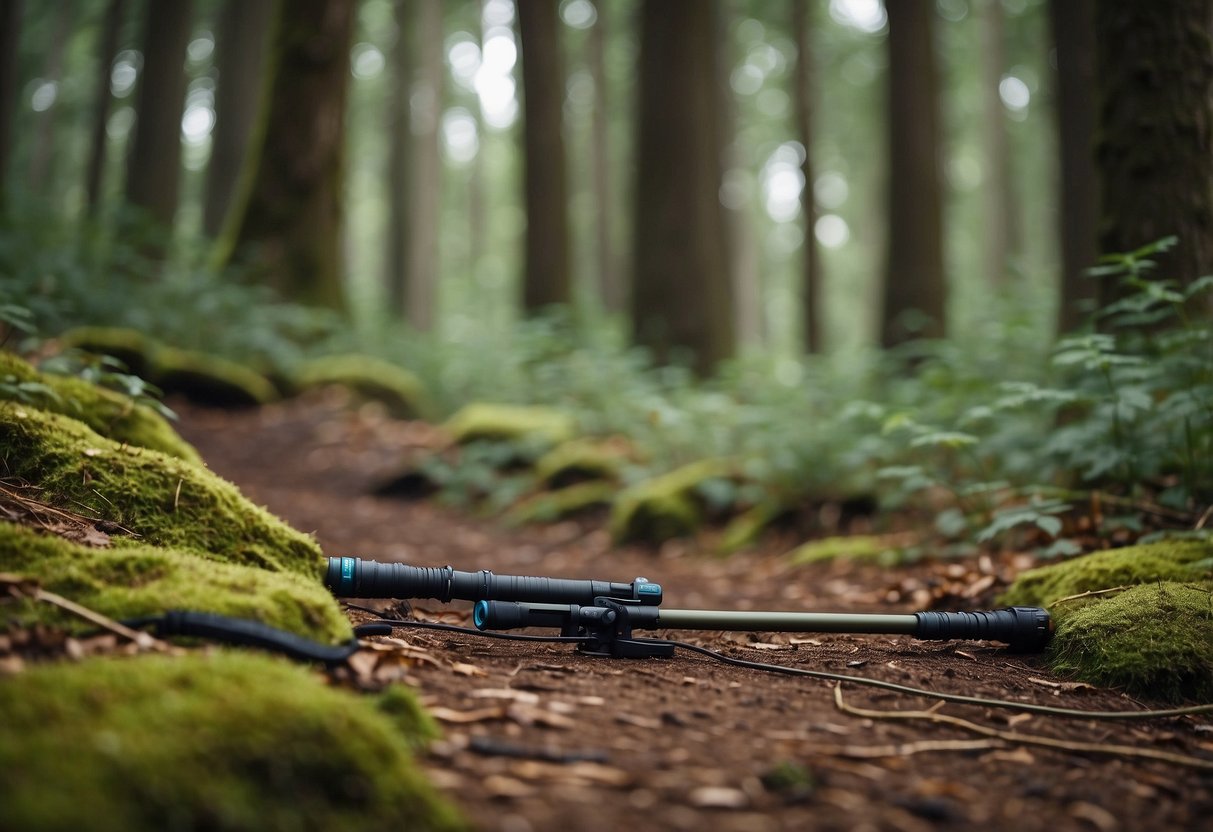 A forest trail with lightweight orienteering rods, Salomon XA Compact 5, laid out on the ground, surrounded by trees and foliage