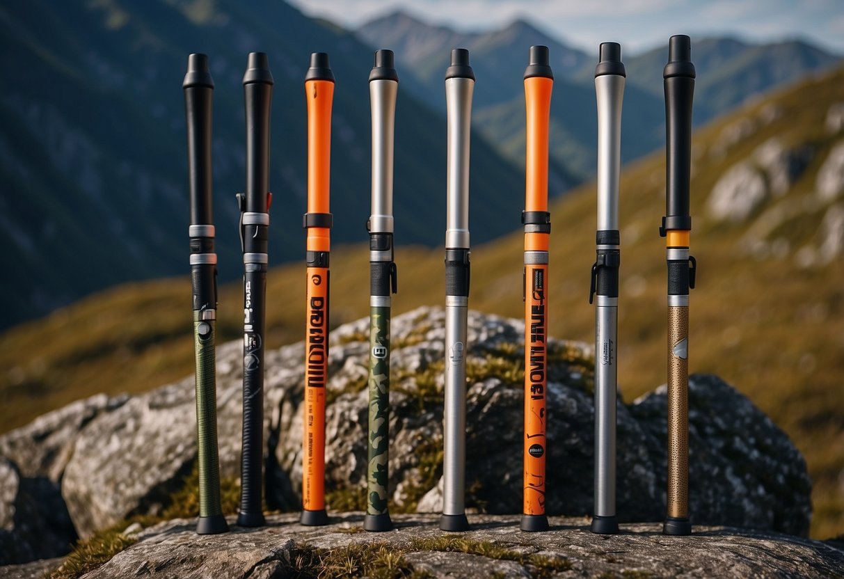 Five Montem Ultra Strong lightweight orienteering rods stand against a backdrop of rugged terrain, ready for adventure