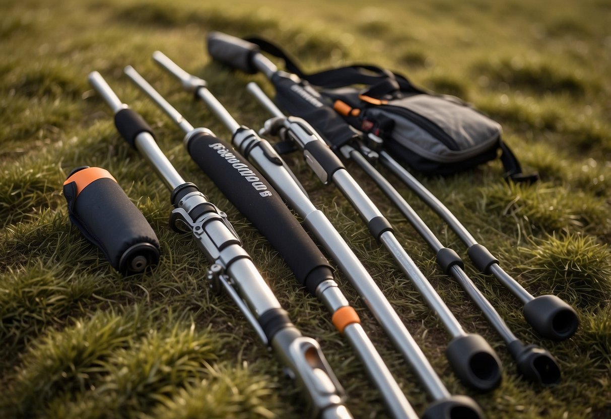 Five orienteering rods laid out neatly with maintenance tools nearby. A lightweight and durable design is evident, with clear labeling for easy identification