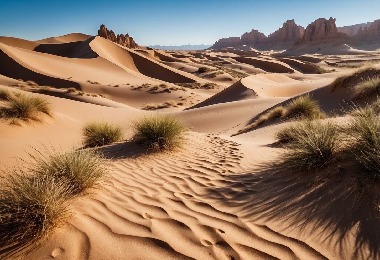 A vast desert landscape with winding trails, towering rock formations, and a clear blue sky. Sand dunes stretch as far as the eye can see, creating a challenging yet breathtaking orienteering experience