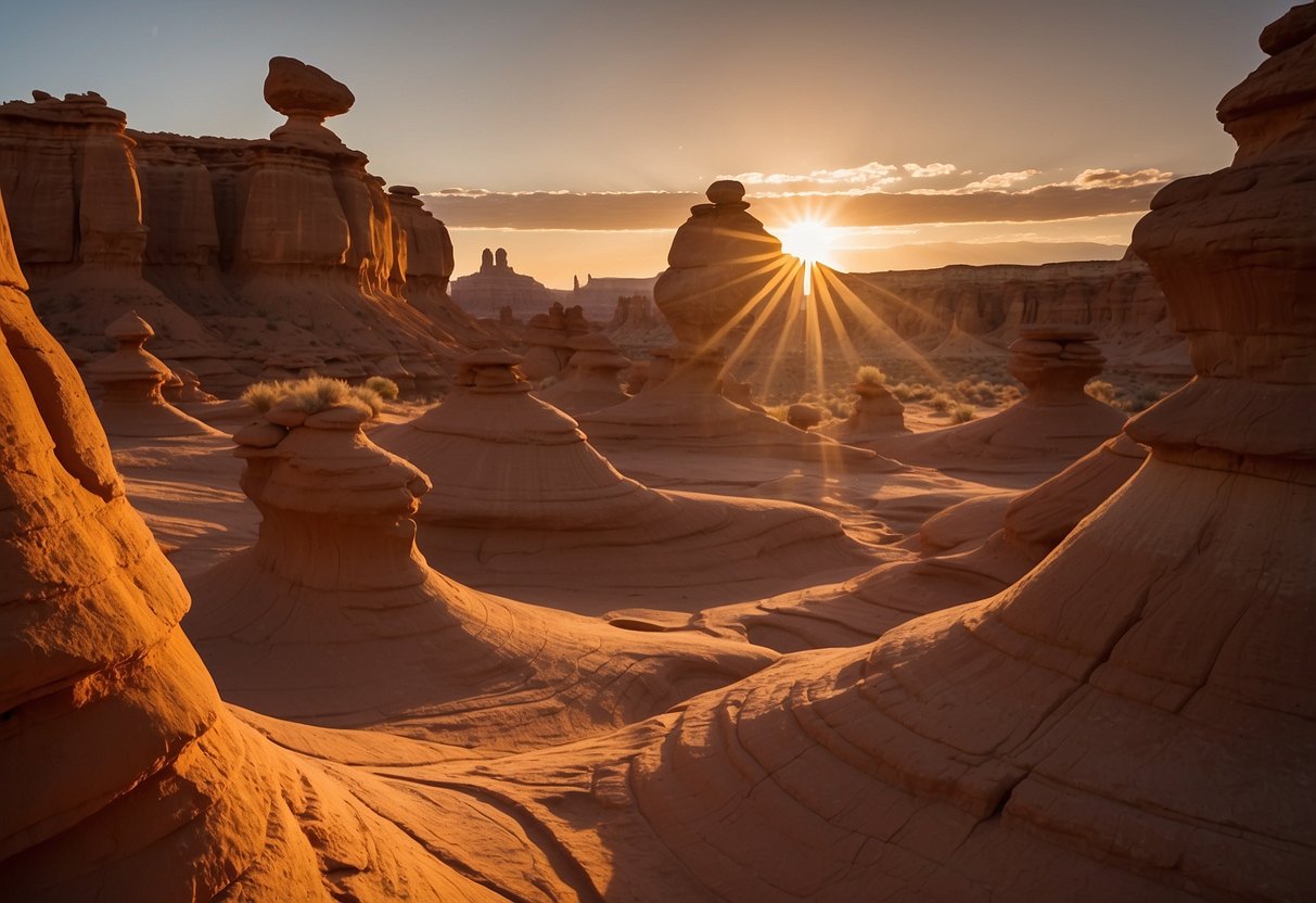 The sun sets behind the otherworldly rock formations of Goblin Valley, casting long shadows over the desert landscape. Sandstone pillars and hoodoos create a maze of twisting paths, perfect for orienteering