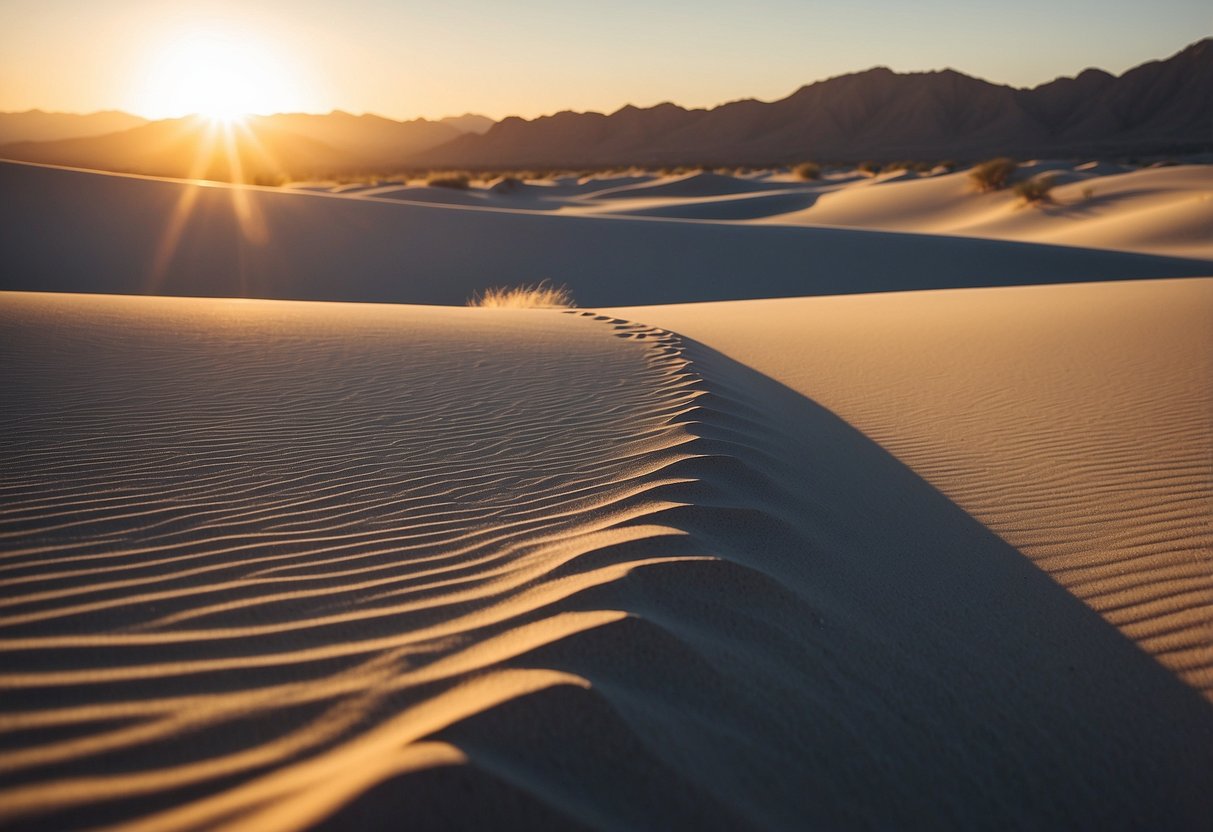 The sun sets over the vast expanse of White Sands, casting long shadows on the rippled dunes. The wind gently sculpts the sand, creating a mesmerizing pattern across the desert landscape