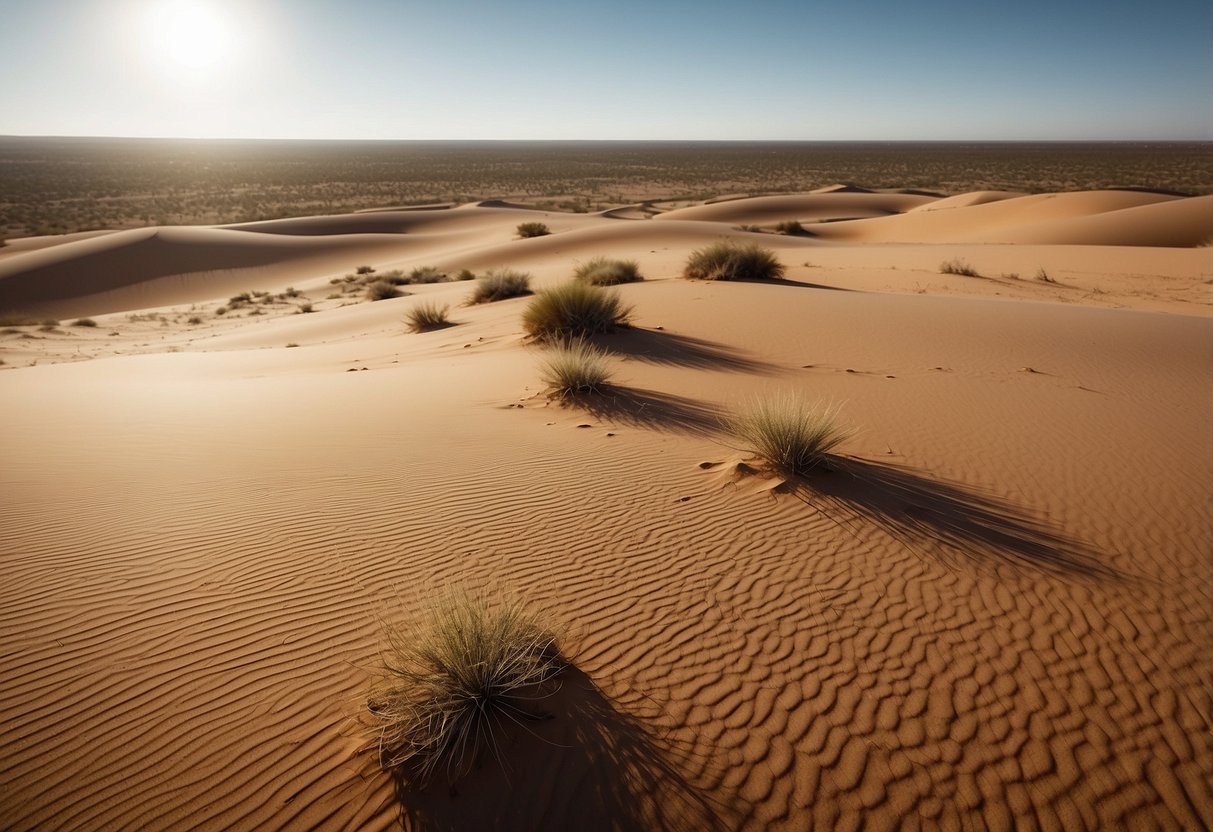 The vast expanse of the Simpson Desert stretches endlessly under the bright Australian sun, with undulating sand dunes and sparse vegetation creating a stunning and challenging landscape for desert orienteering