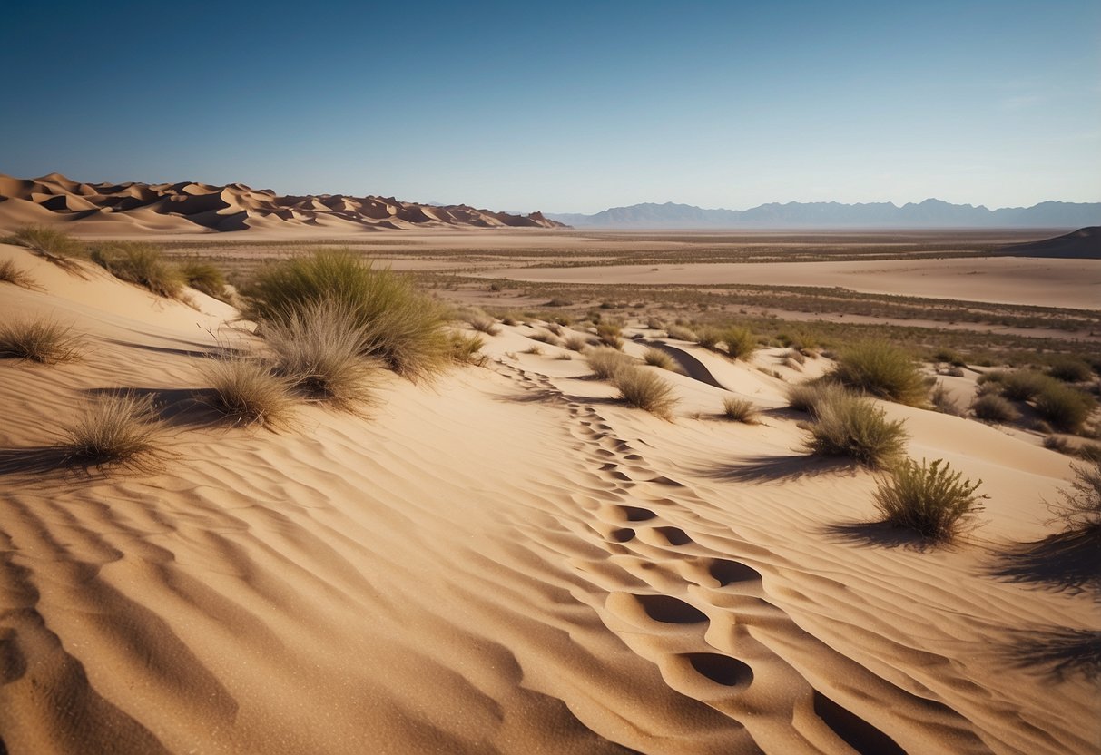 A vast desert landscape with rolling sand dunes, sparse vegetation, and a clear blue sky. A solitary trail marker stands in the distance, guiding the way for orienteers