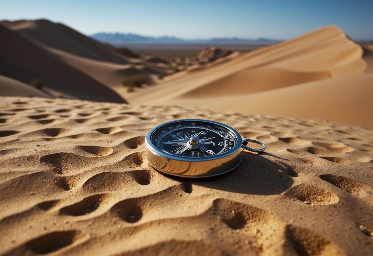 A desert landscape with rolling sand dunes, sparse vegetation, and a clear blue sky. A compass and map are laid out on a flat rock, with footprints leading off into the distance