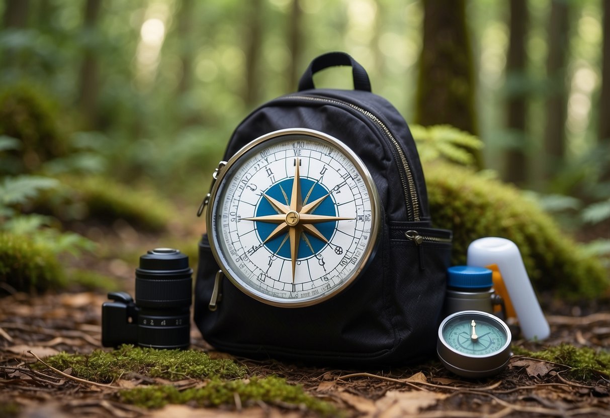 A colorful map spread out on the forest floor, surrounded by trees and a compass pointing north. A backpack with supplies sits nearby