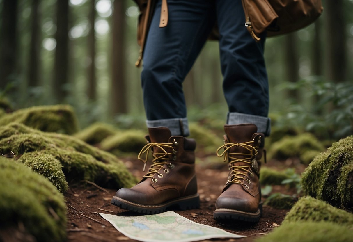 A hiker in a forest wearing layers, sturdy boots, and a hat. A map and compass in hand, surrounded by trees and a clear trail