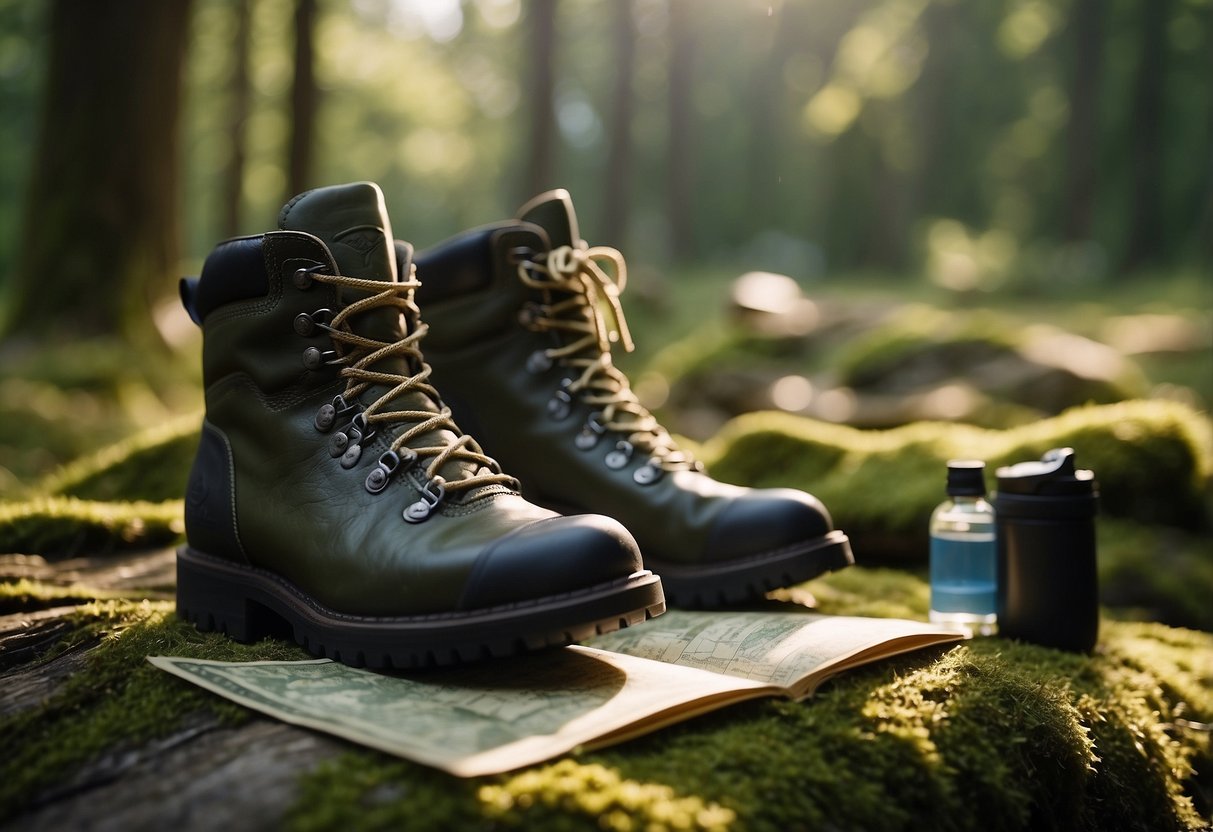 A hiker's sturdy boots stand on a moss-covered trail, surrounded by a compass, map, and water bottle. The sun peeks through the trees, casting dappled light on the scene