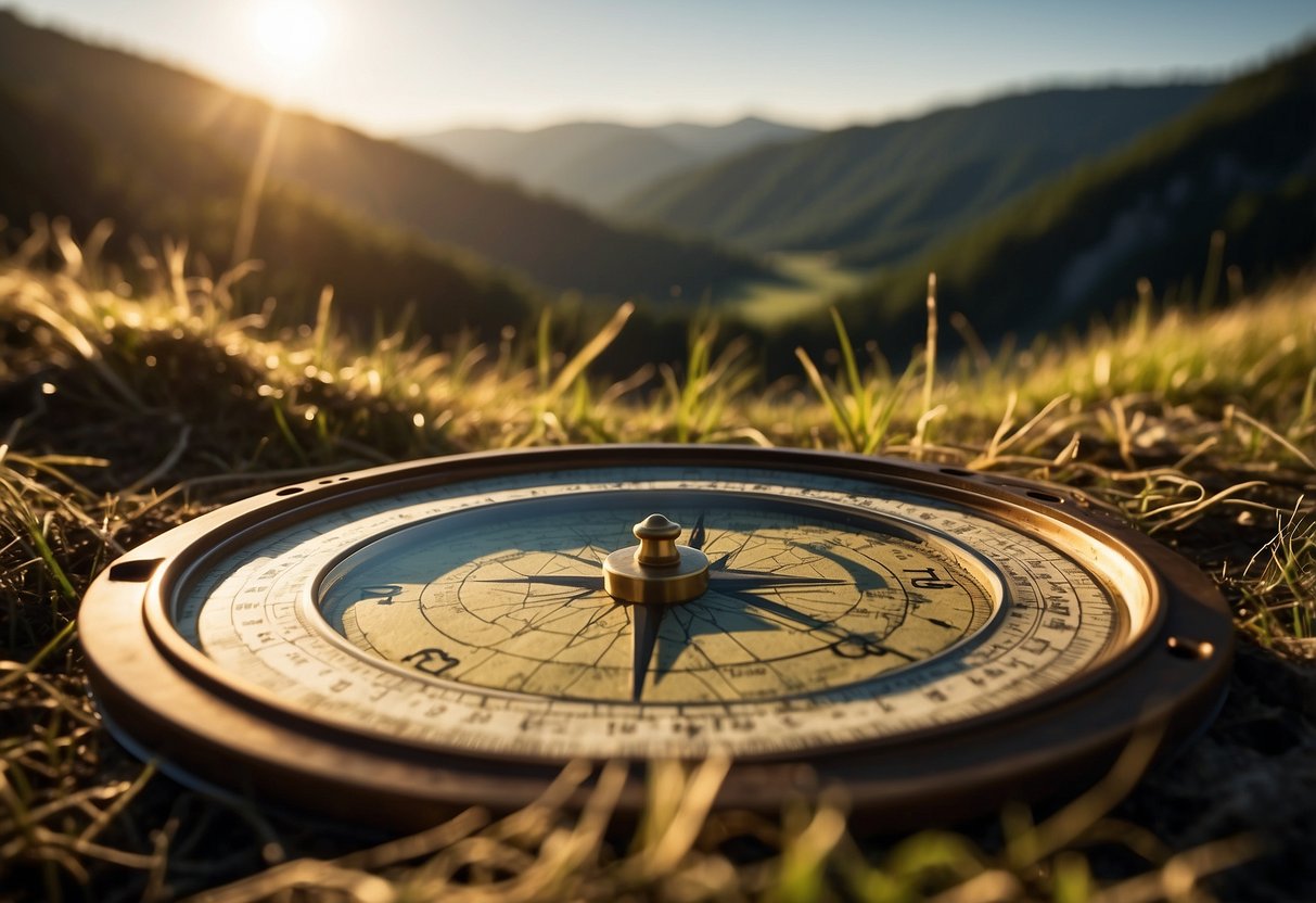 A hilly landscape with winding trails, dense forests, and open fields. A map and compass lay on the ground, while the sun casts long shadows