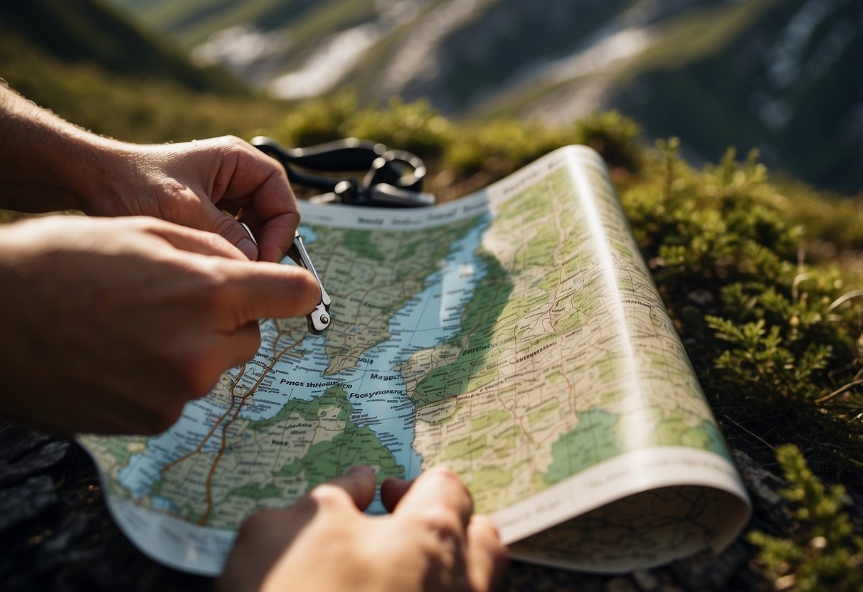 A hand reaches out to unfold a map of the area, surrounded by hiking gear and a compass. The map shows trails and landmarks, ready for an orienteering adventure