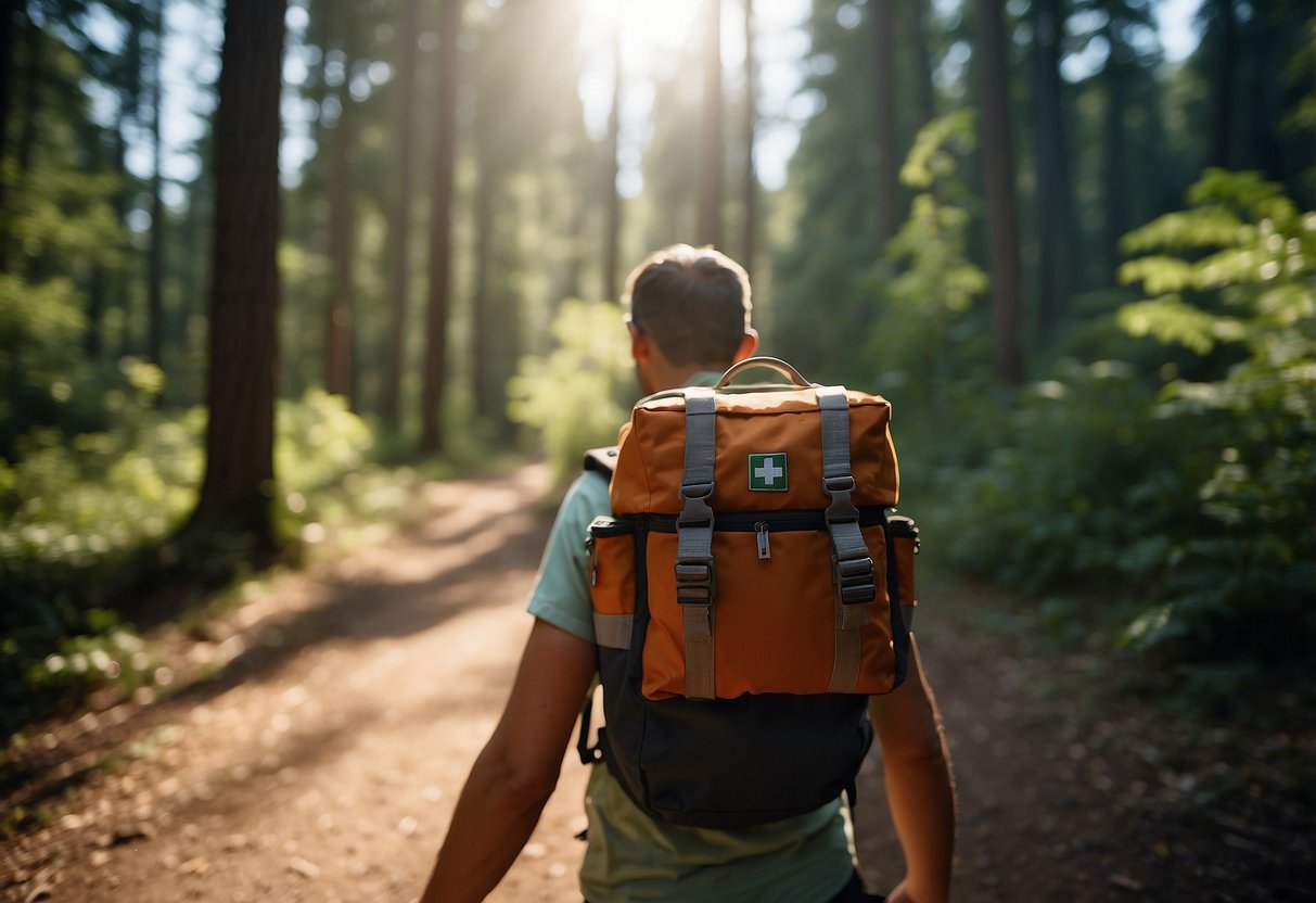 A person carrying a first aid kit while hiking through a forest, with a map and compass in hand. They are surrounded by tall trees and a clear blue sky above