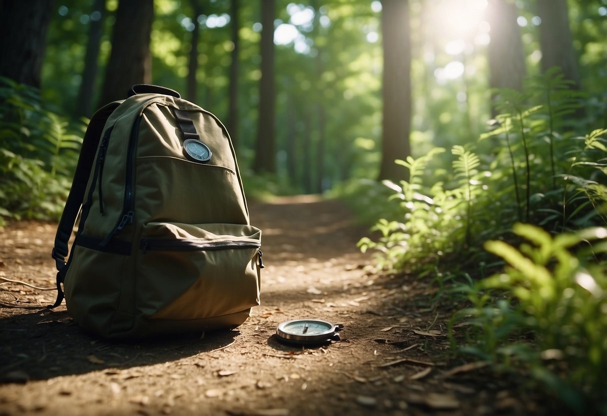 A map, compass, and backpack lay on the ground. Sunlight filters through the trees, casting shadows on the trail. A clear path leads into the distance, surrounded by lush greenery