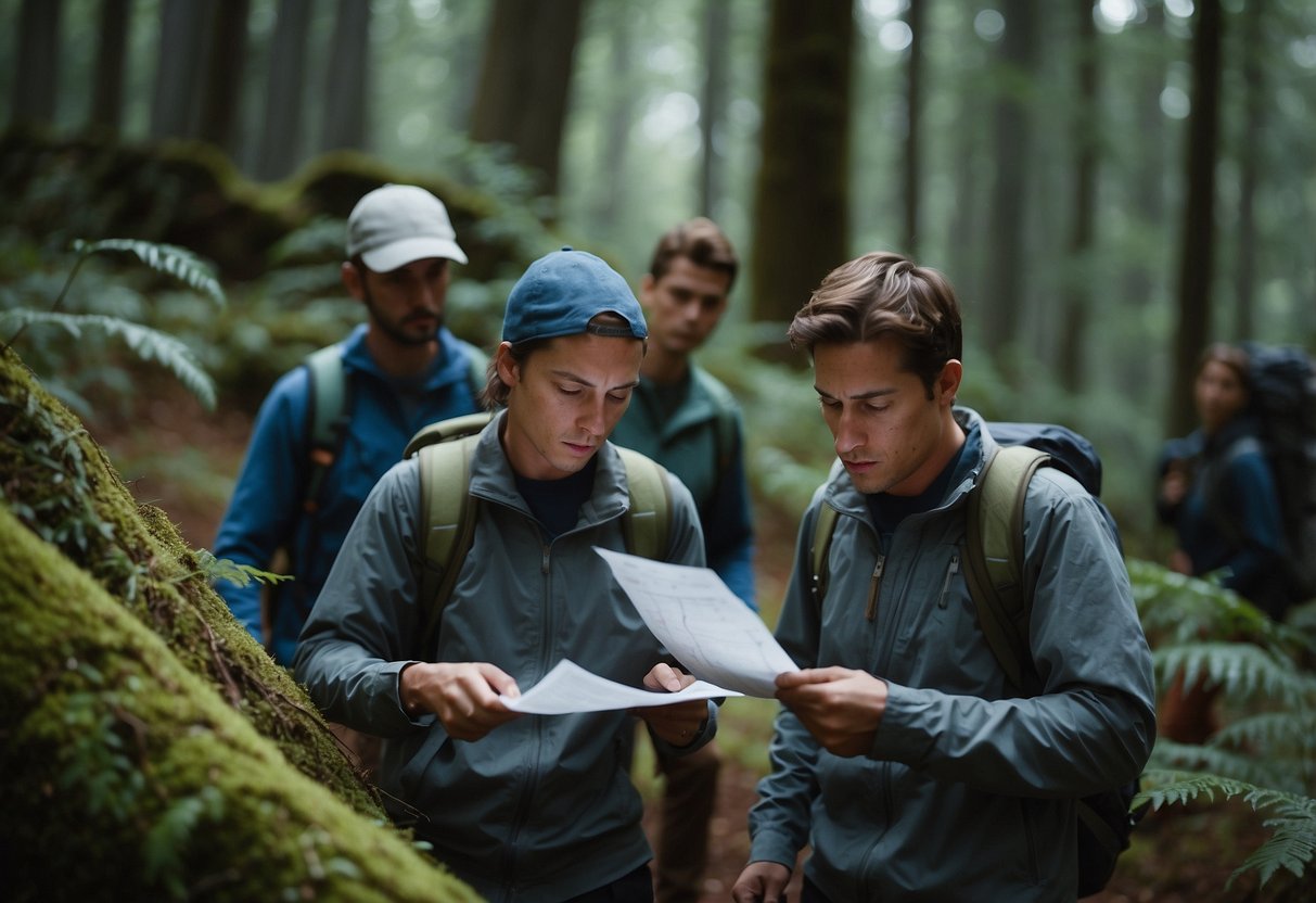 A group of orienteers carefully navigate through dense forest, using maps and compasses. They take note of potential hazards and communicate with each other to ensure a safe and enjoyable trip